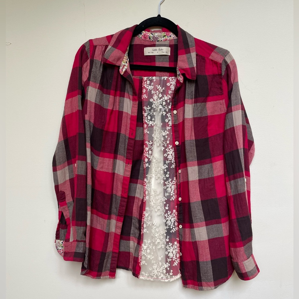 Red plaid shirt with lace back from Anthropologie